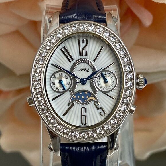 DMQ Diamonique CZ Bezel Moon Phase Multifunction Ladies Watch